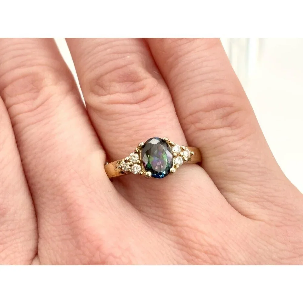 Mystic Topaz Triple CZ Gold Plated 925 Sterling Silver Vintage Ring - sz 7